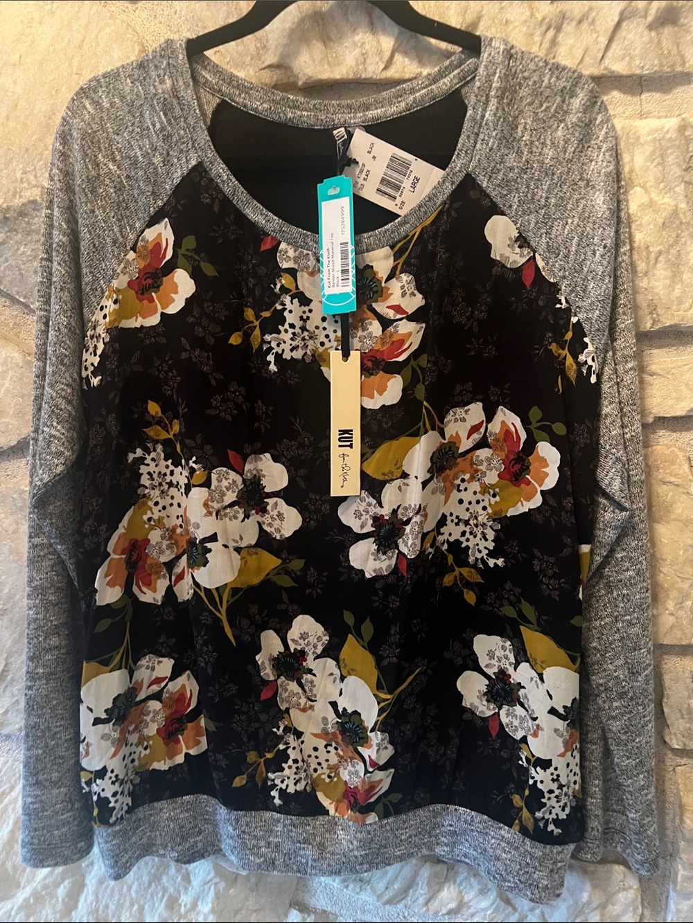 Kut from the Kloth Black Floral Raglan Sweatshirt with Gray Trim